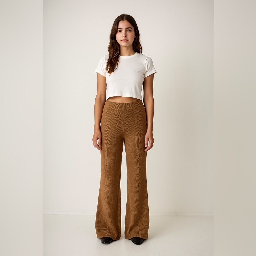 Happily Grey Women’s Brown High Rise Wide Leg Knit Pants Size XL Soft Stretchy